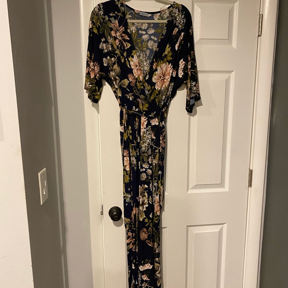 Abbaline floral jumpsuit in navy with tie detail